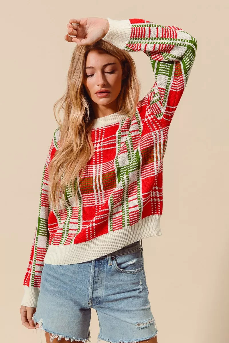 Rød & Grøn Juleternet Plaid Crew Neck Sweater