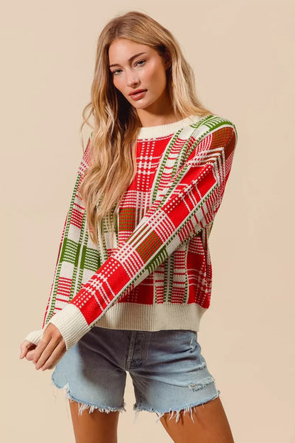 Rød & Grøn Juleternet Plaid Crew Neck Sweater