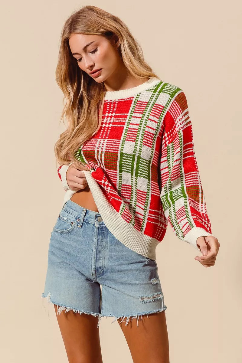 Rød & Grøn Juleternet Plaid Crew Neck Sweater