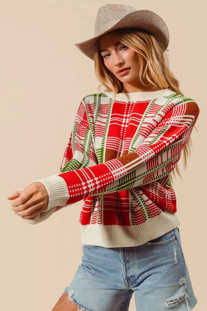 Rød & Grøn Juleternet Plaid Crew Neck Sweater