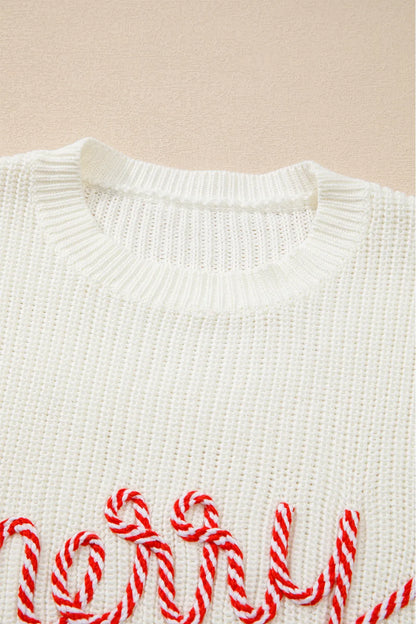 Hvid Glad og Lys Candy Cane Bogstav Jul Sweater