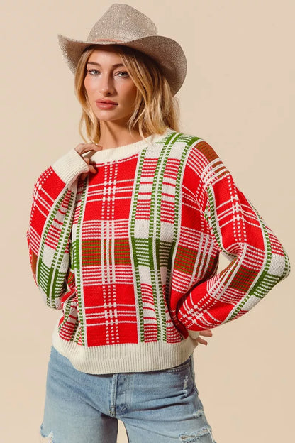 Rød & Grøn Juleternet Plaid Crew Neck Sweater