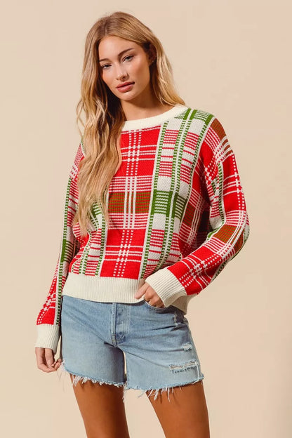 Rød & Grøn Juleternet Plaid Crew Neck Sweater