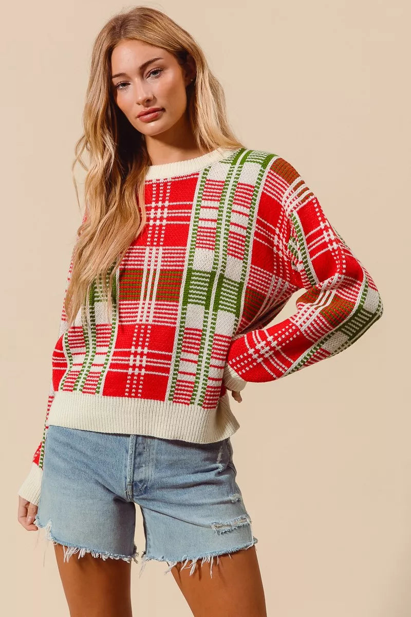 Rød & Grøn Juleternet Plaid Crew Neck Sweater