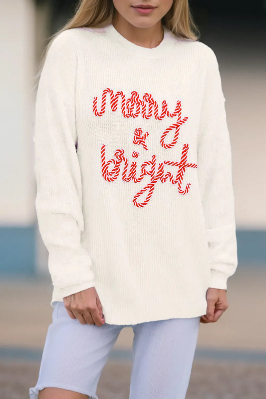 Hvid Glad og Lys Candy Cane Bogstav Jul Sweater