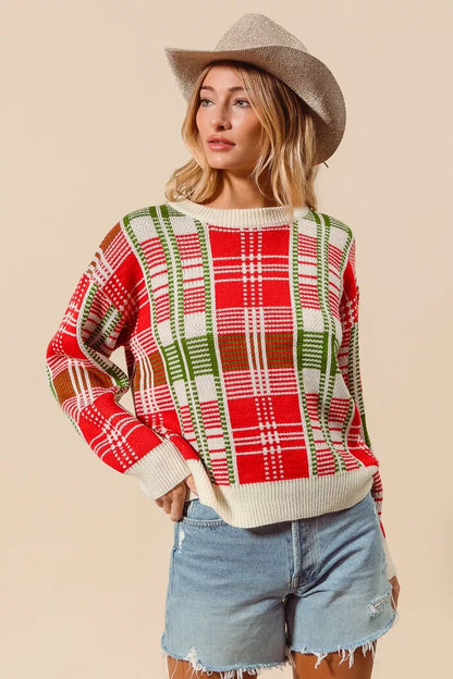Rød & Grøn Juleternet Plaid Crew Neck Sweater