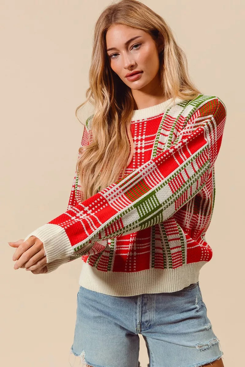 Rød & Grøn Juleternet Plaid Crew Neck Sweater