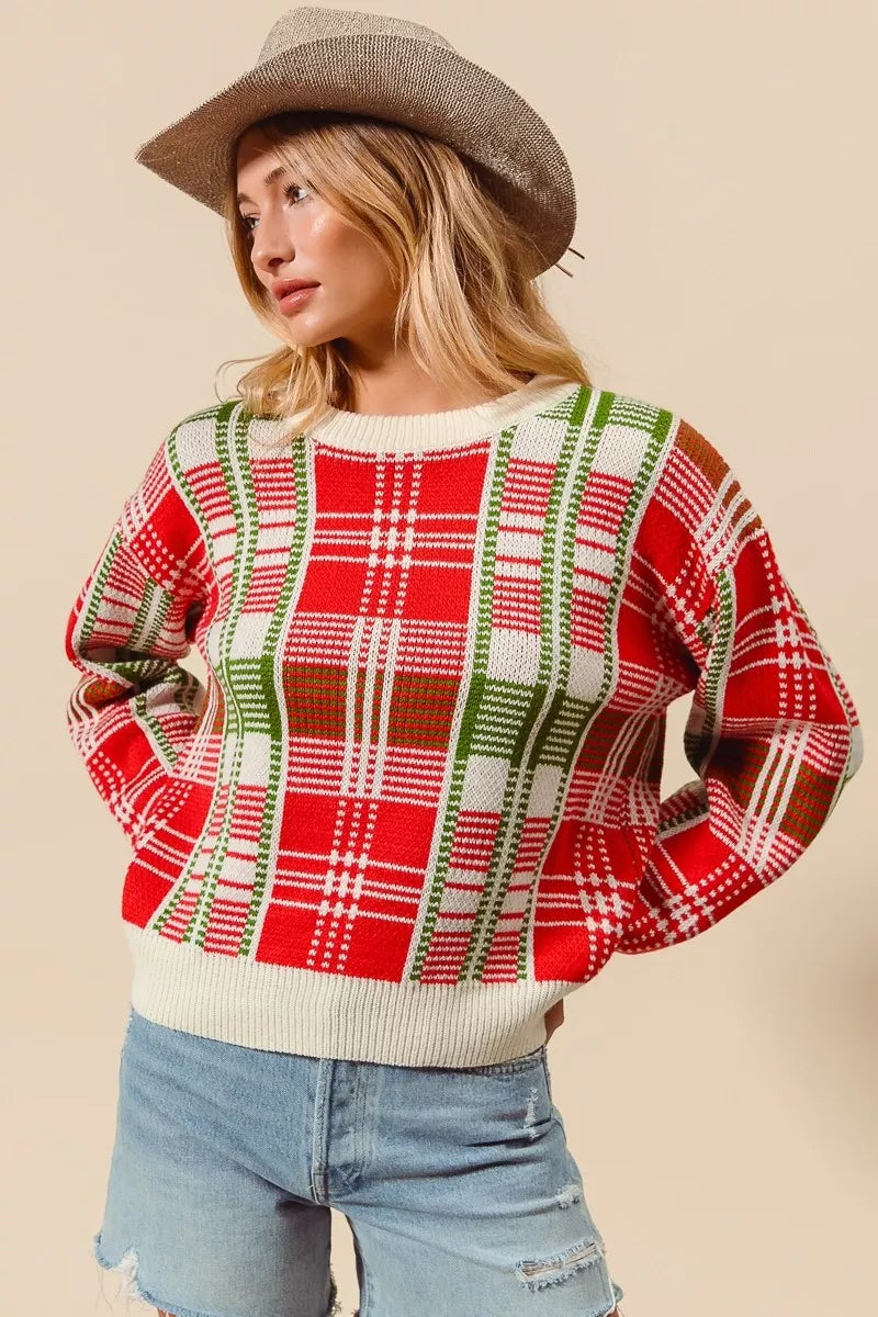 Rød & Grøn Juleternet Plaid Crew Neck Sweater