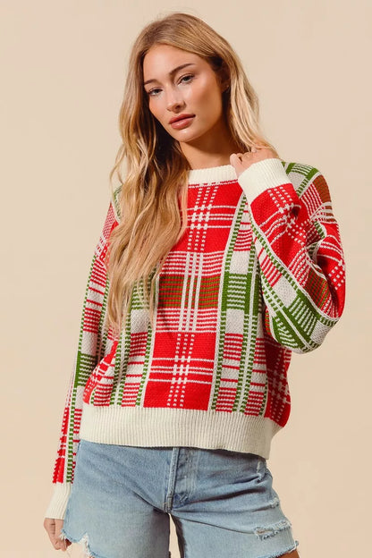 Rød & Grøn Juleternet Plaid Crew Neck Sweater