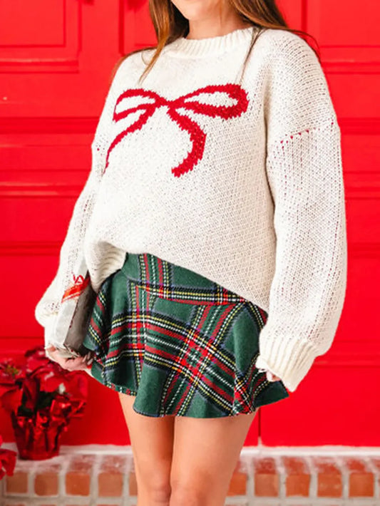 Hvid Sløjfe Mønster Rund Hals Jul Sweater