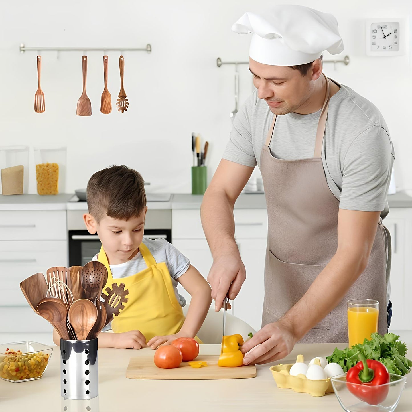 11-delt Køkkenredskabs Sæt i Teaktræ – Inkluderer Holder – Naturligt Udseende til Køkkenet