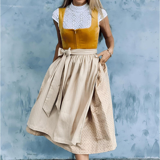 AlpenCharm Dirndkjole – Orange Vintage Trachtenkjole med Beige Forklæde