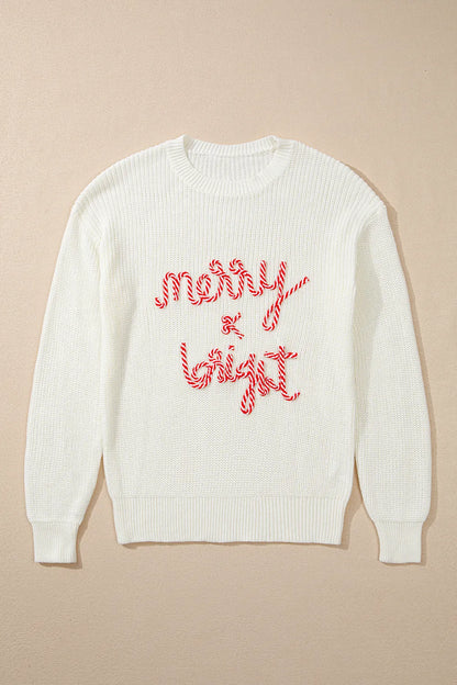 Hvid Glad og Lys Candy Cane Bogstav Jul Sweater