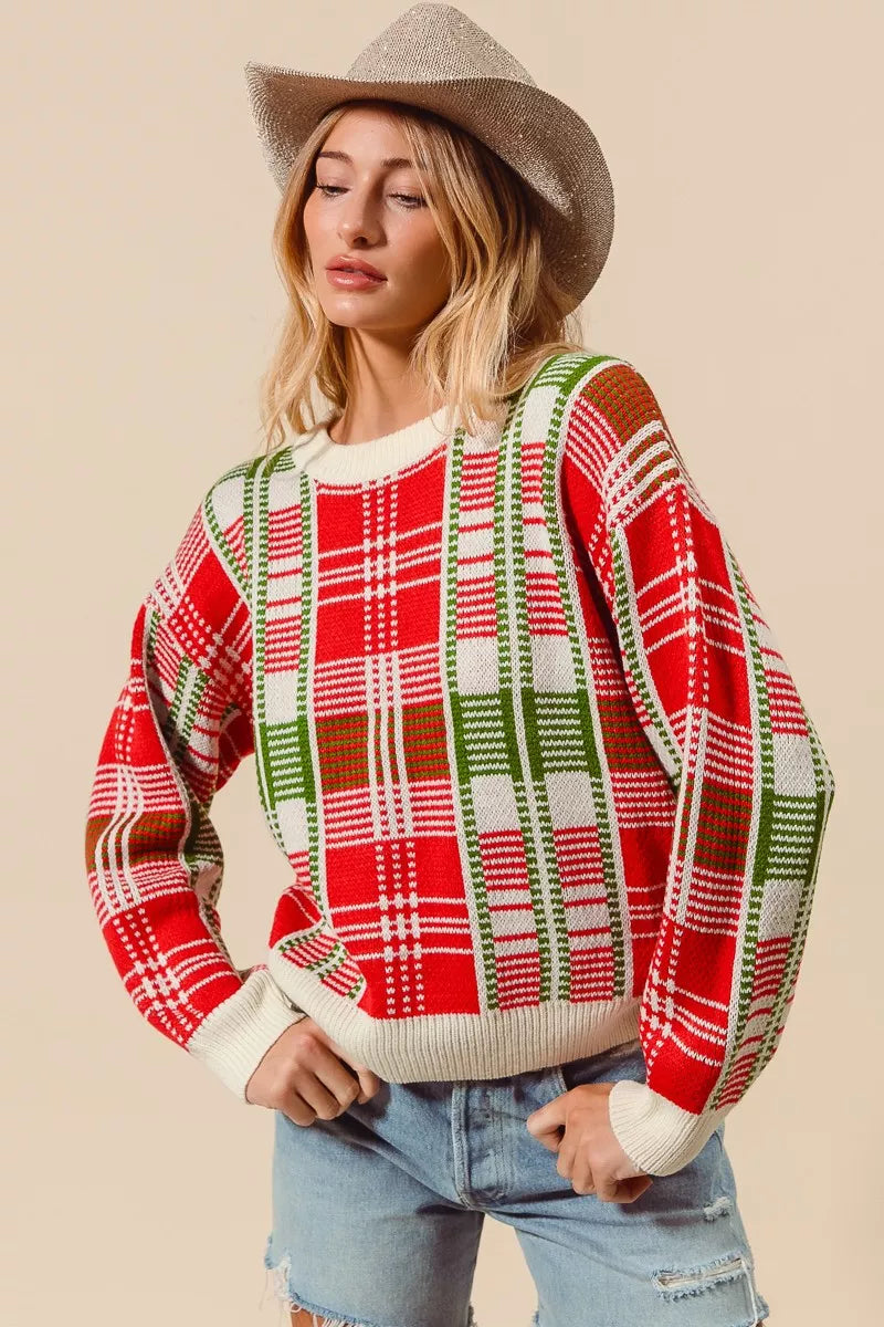 Rød & Grøn Juleternet Plaid Crew Neck Sweater