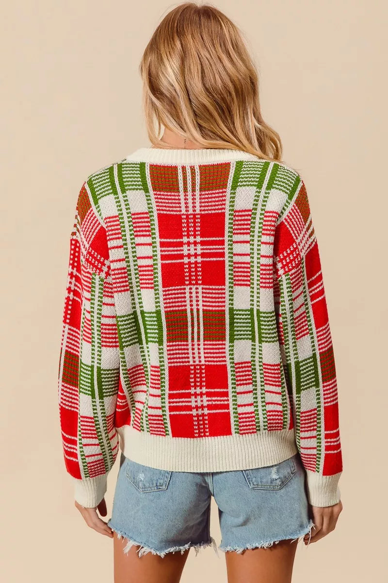 Rød & Grøn Juleternet Plaid Crew Neck Sweater