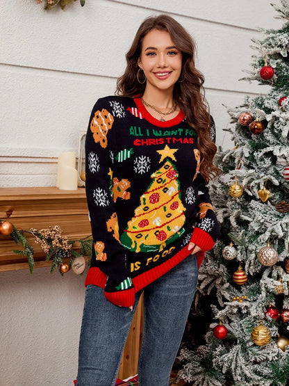Julemad Grafisk Sweater – Pizza Træ & Ferie Godter Strik Pullover