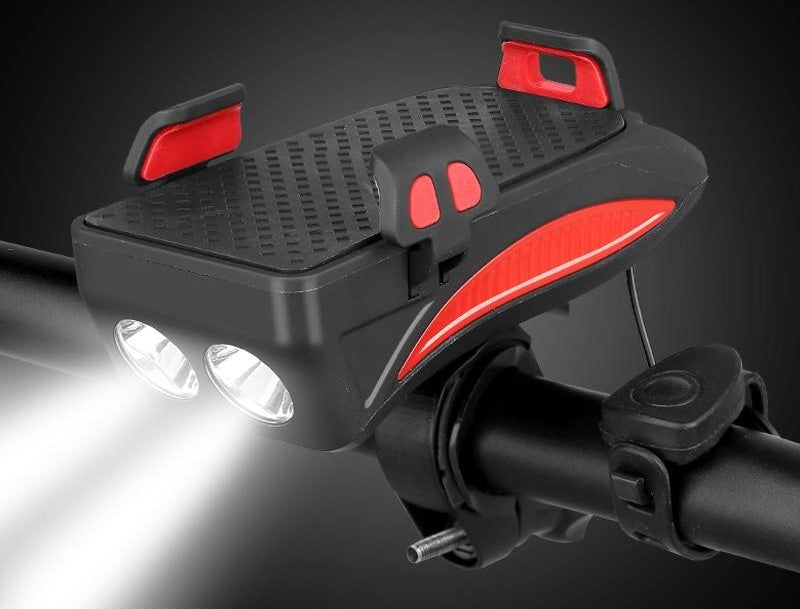 4-i-1 Cykelgadgets – Telefonholder, Powerbank, LED Belysning og Klaxon